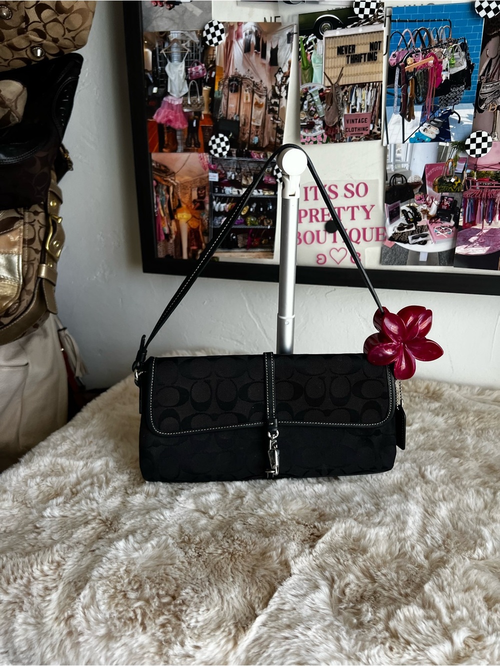 Y2K Coach Hamptons Demi Clip Flap Black Signature Jacquard Shoulder Bag